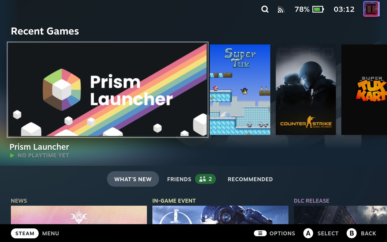Prism Launcher running on Steam Deck - Main interface