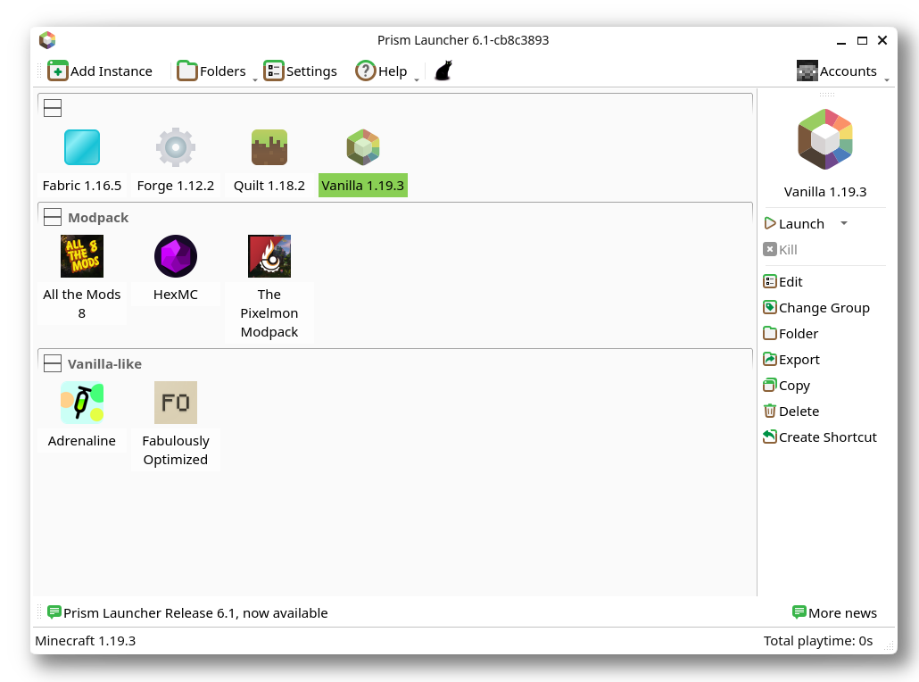 Prism Launcher screenshot showing off various different modpacks and instances