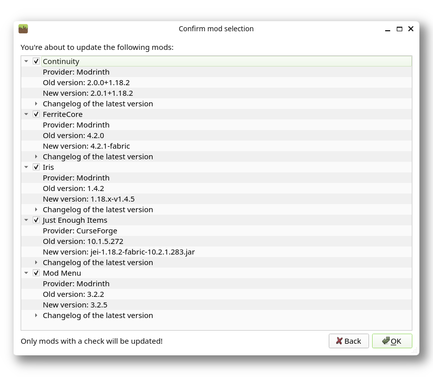 Prism Launcher screenshot showing the mod updating user-interface