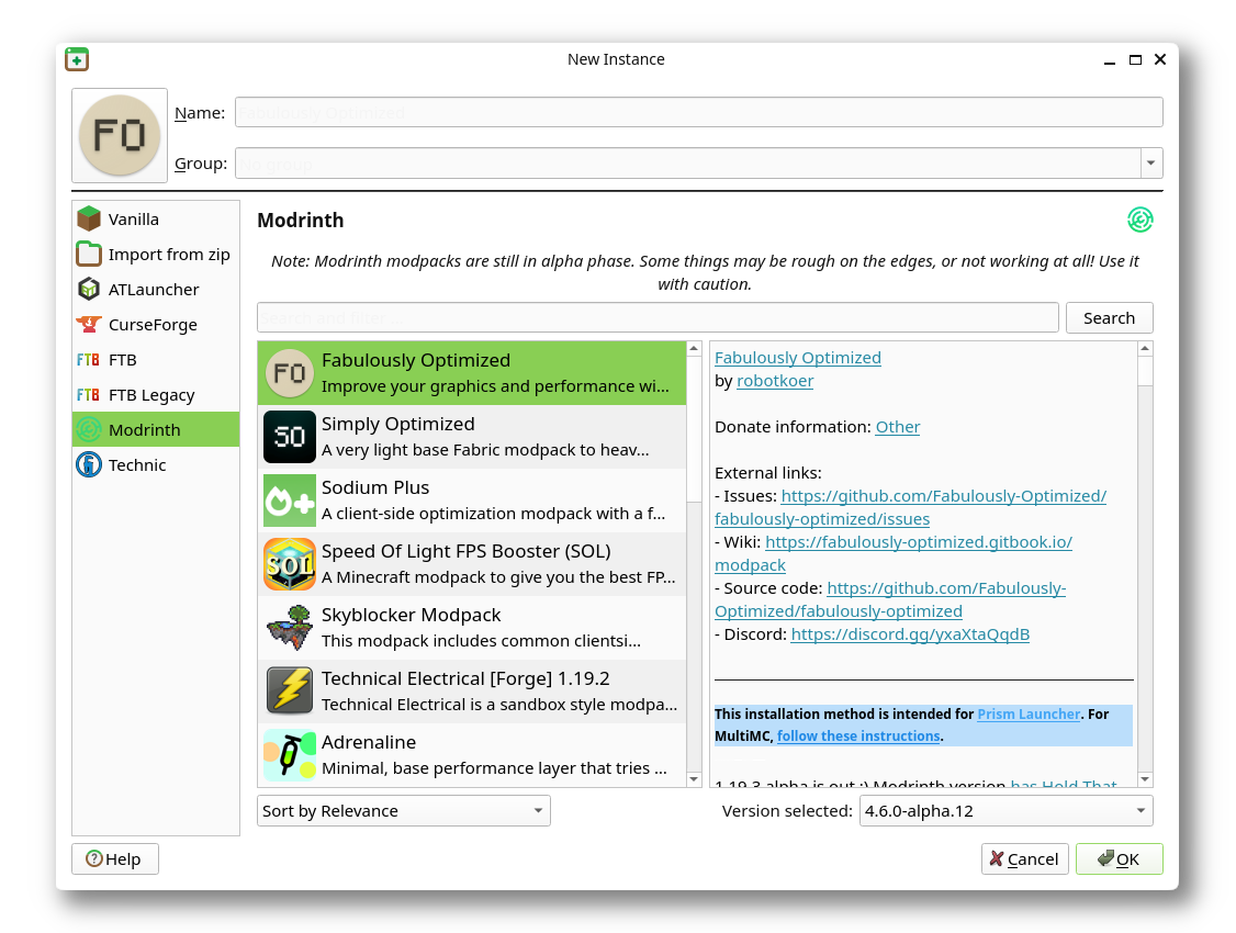 Prism Launcher screenshot showing the modpack installation user-interface