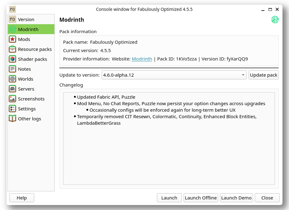 Prism Launcher screenshot showing the modpack updating user-interface