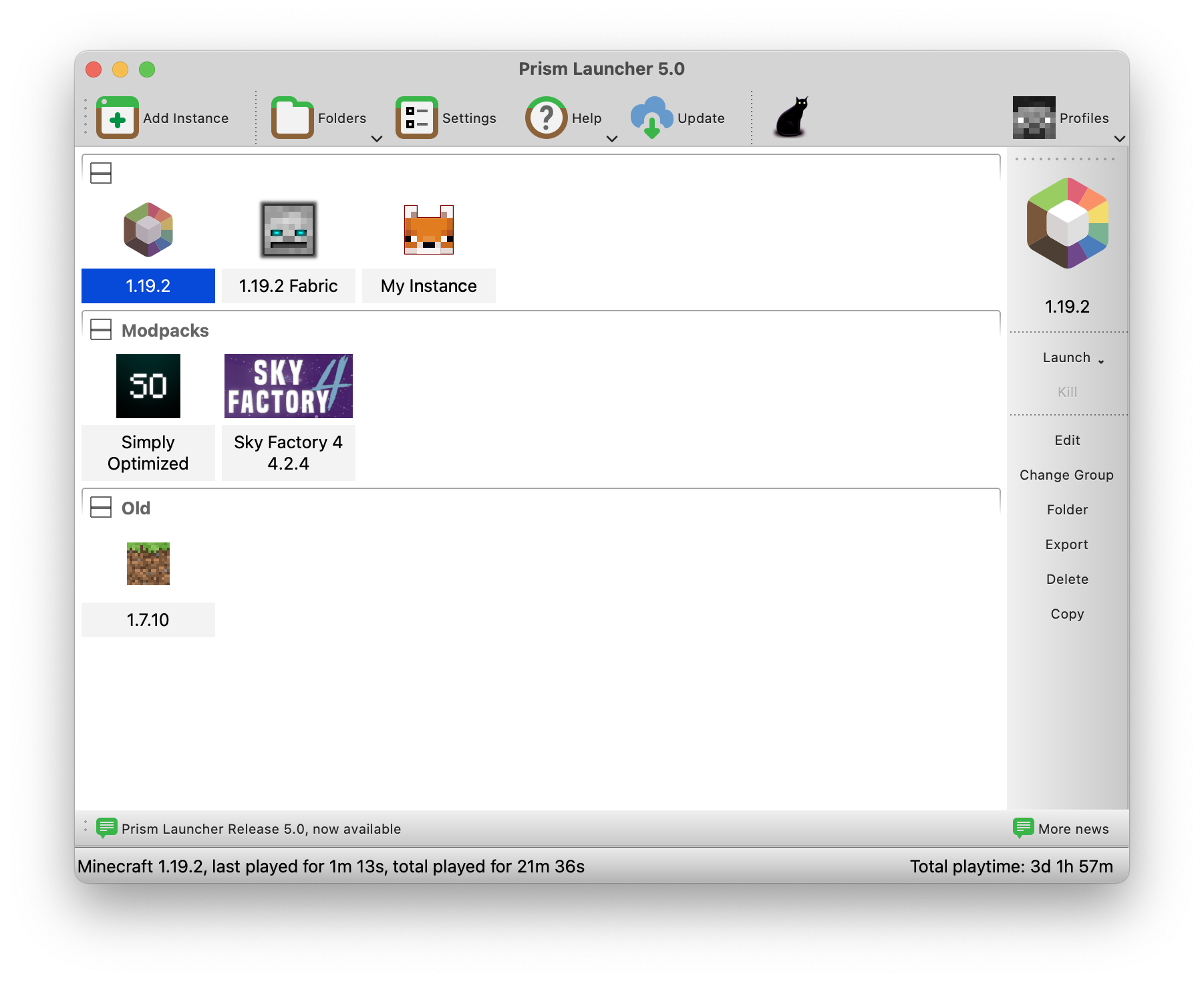 Prism Launcher screenshot on MacOS showing off various different modpacks and instances