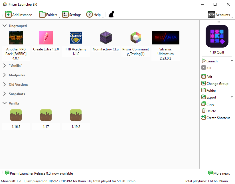 Prism Launcher screenshot on Windows showing off various different modpacks and instances